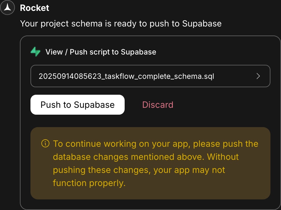 Popup showing a generated Supabase script with options to preview, push, or discard.
