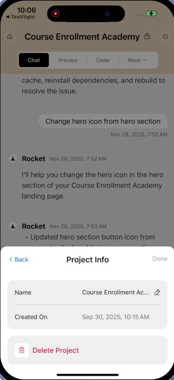 Project info panel on mobile showing project name, creation date, and delete project action.