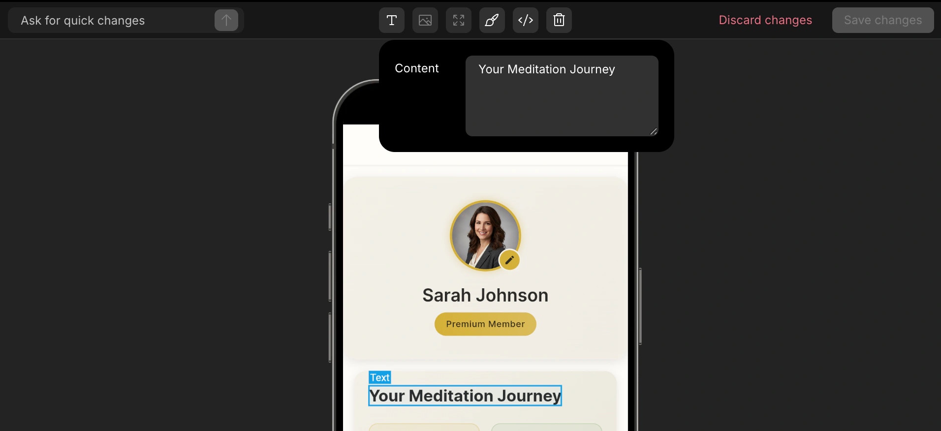 Editing text content of a selected element in mobile app visual edit.