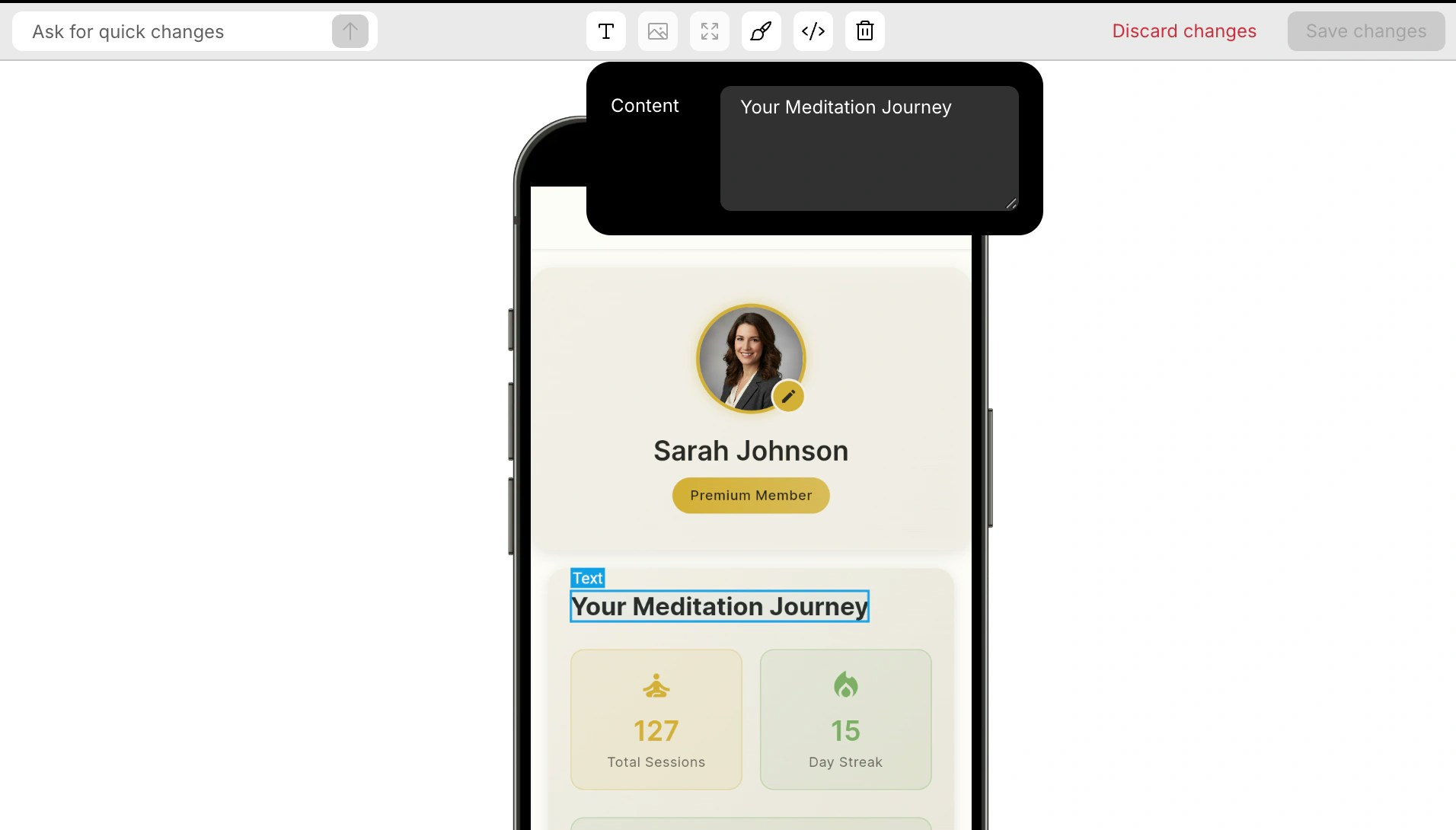 Editing text content of a selected element in mobile app visual edit.