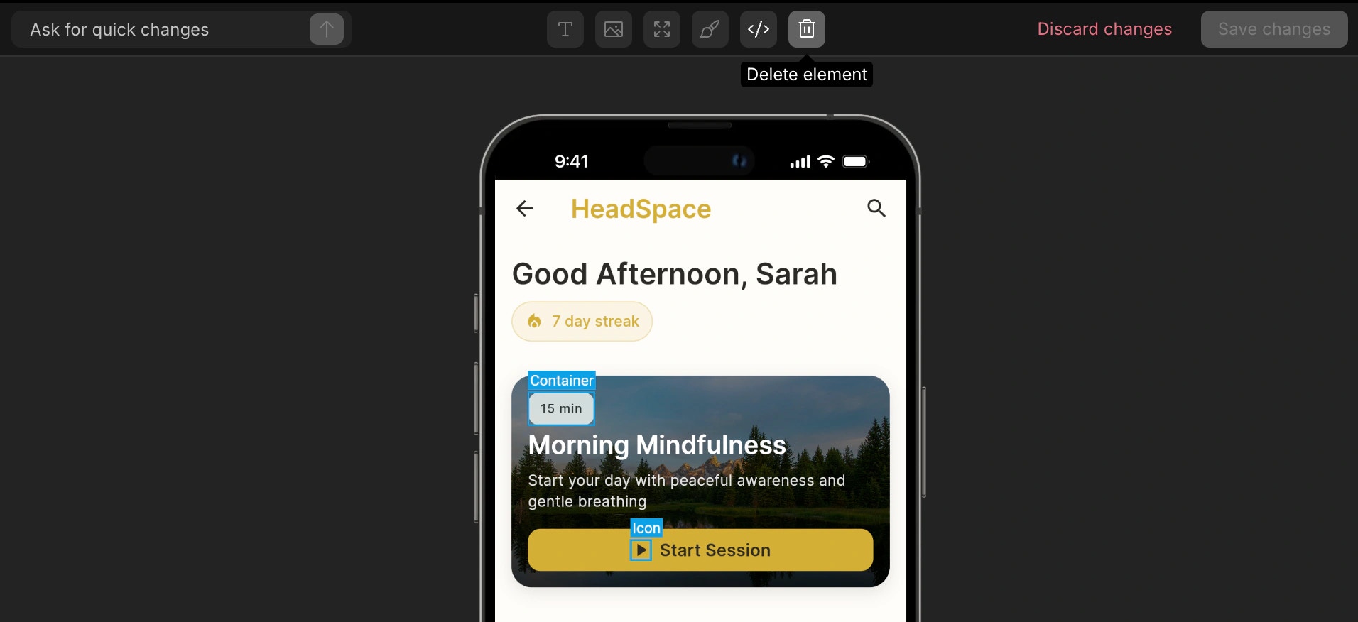 Deleting a selected element from the mobile app preview.