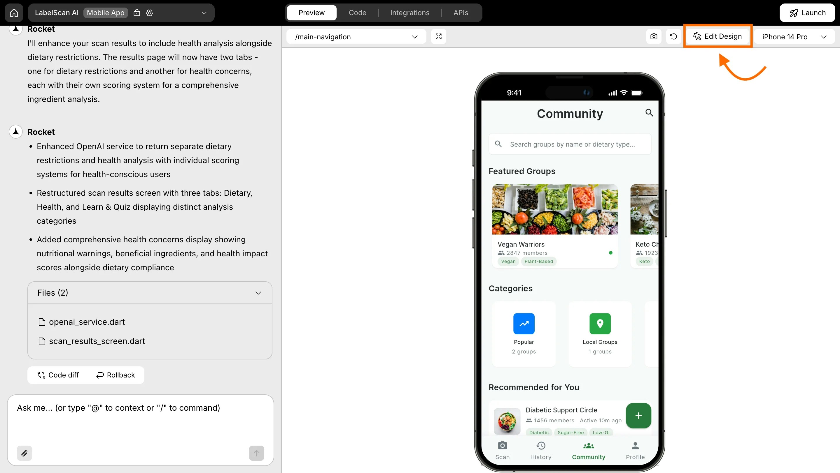 Edit design button in the top right corner of the preview panel for mobile app.