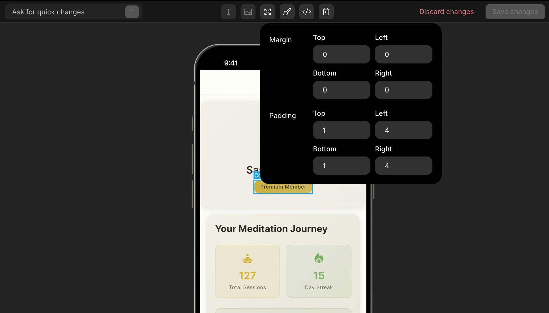 Adjusting padding and margin spacing for a selected element in mobile app.