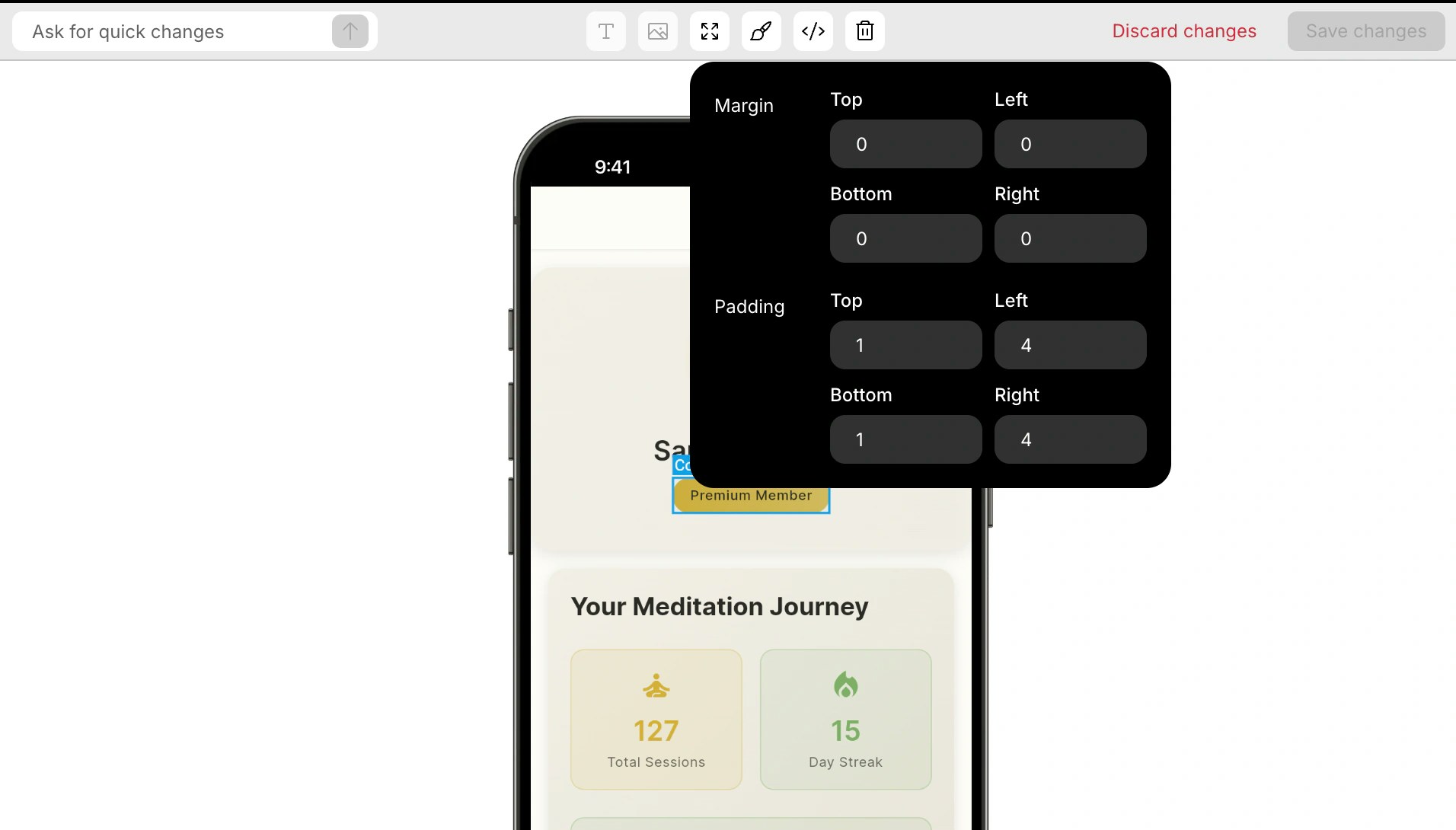 Adjusting padding and margin spacing for a selected element in mobile app.