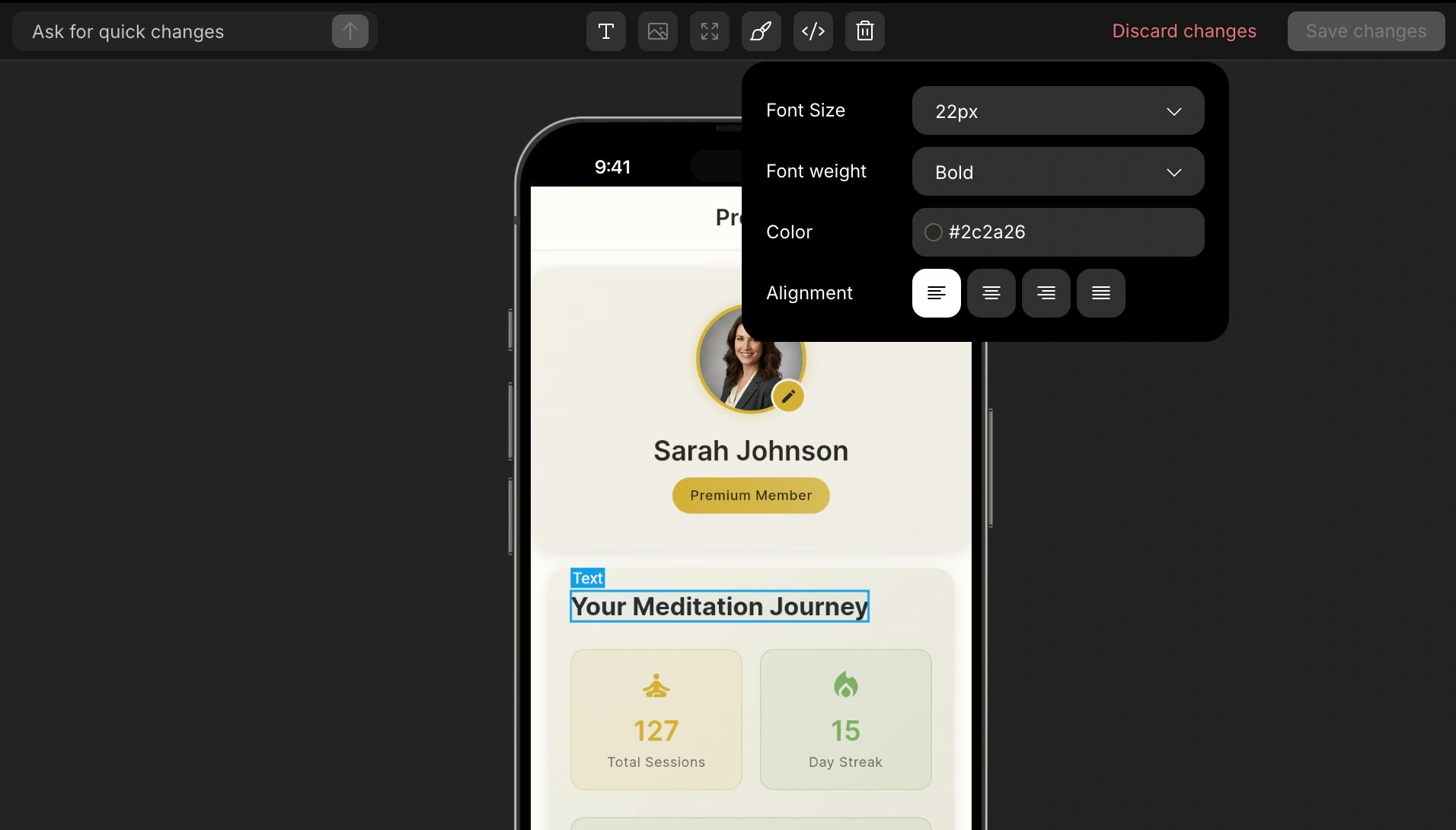 Editing styles like colors, fonts, and alignment for a selected element in mobile app.