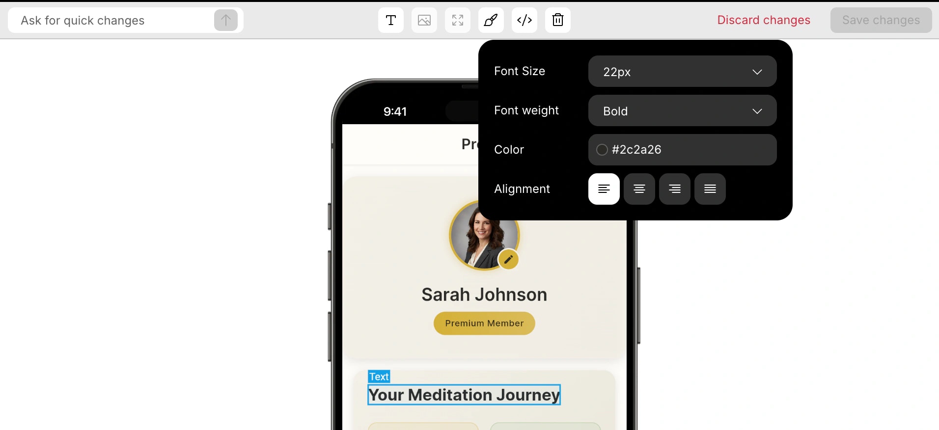 Editing styles like colors, fonts, and alignment for a selected element in mobile app.