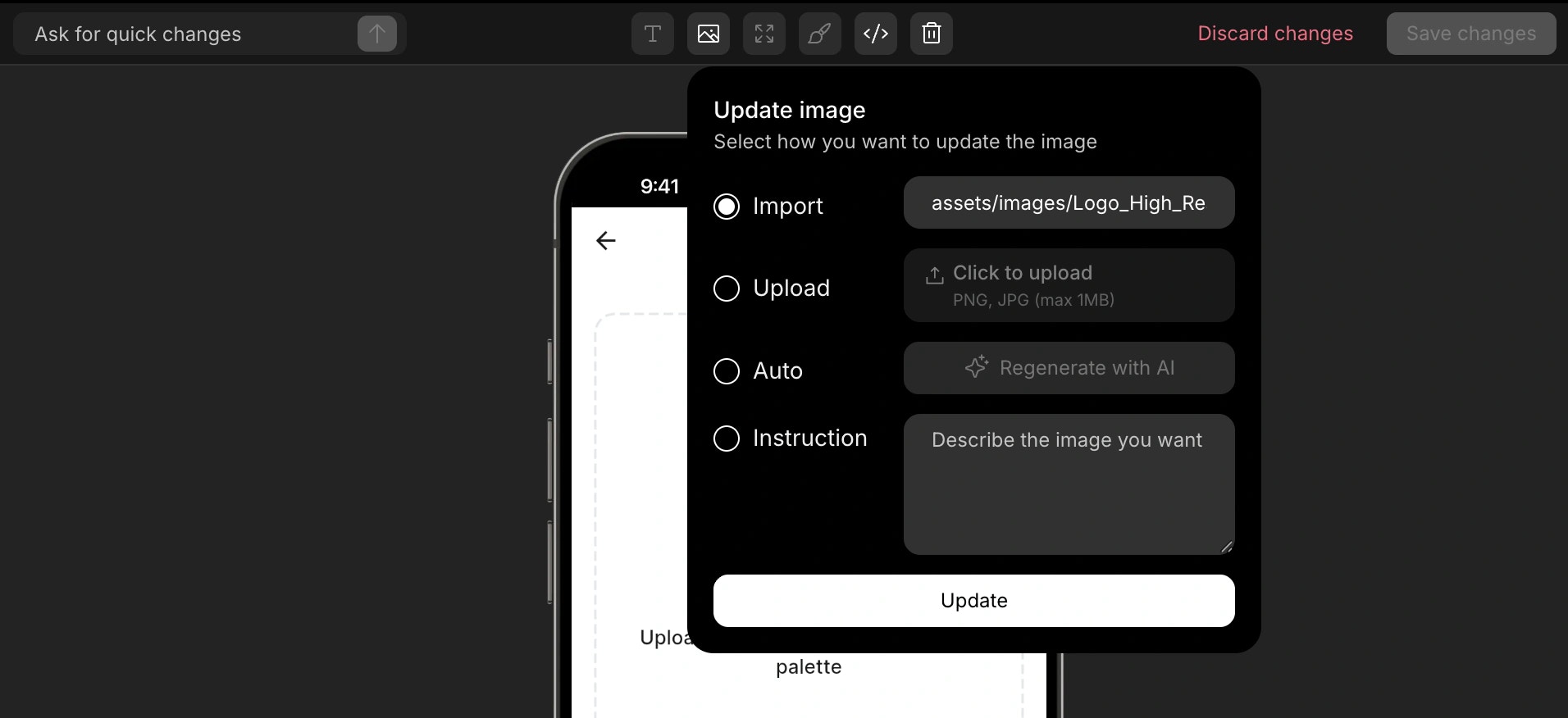 Replacing or modifying an image element in mobile app visual edit.