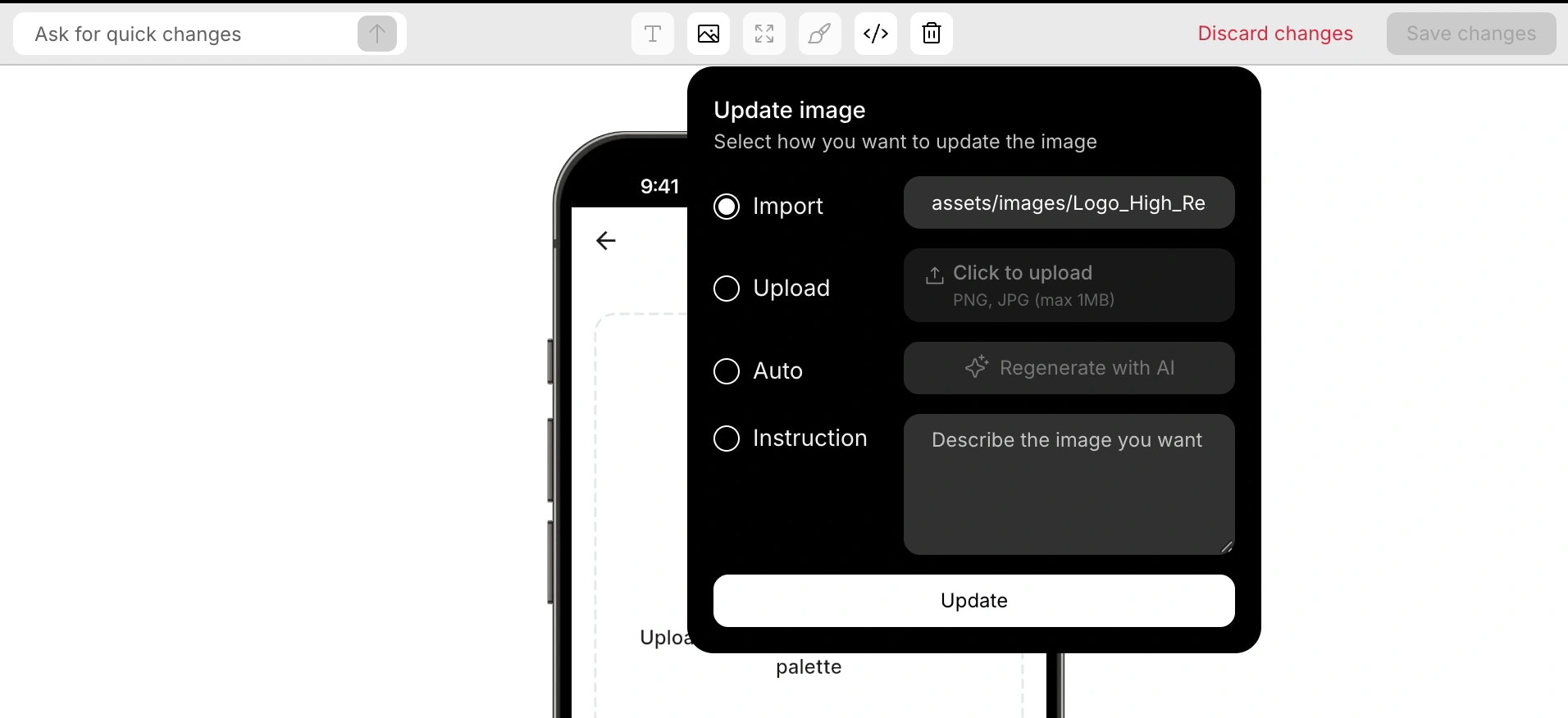 Replacing or modifying an image element in mobile app visual edit.