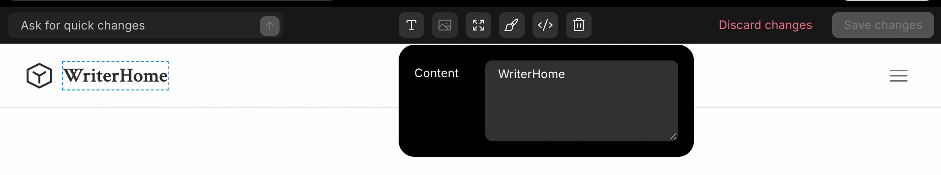 Editing text content of a selected element in web app visual edit.