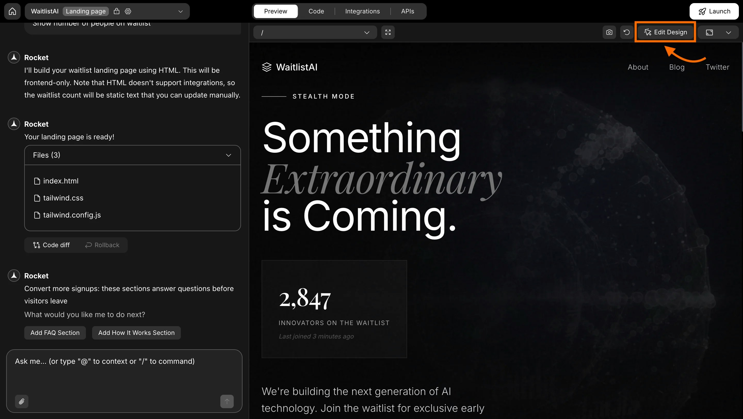 Edit design button in the top right corner of the preview panel for web app.
