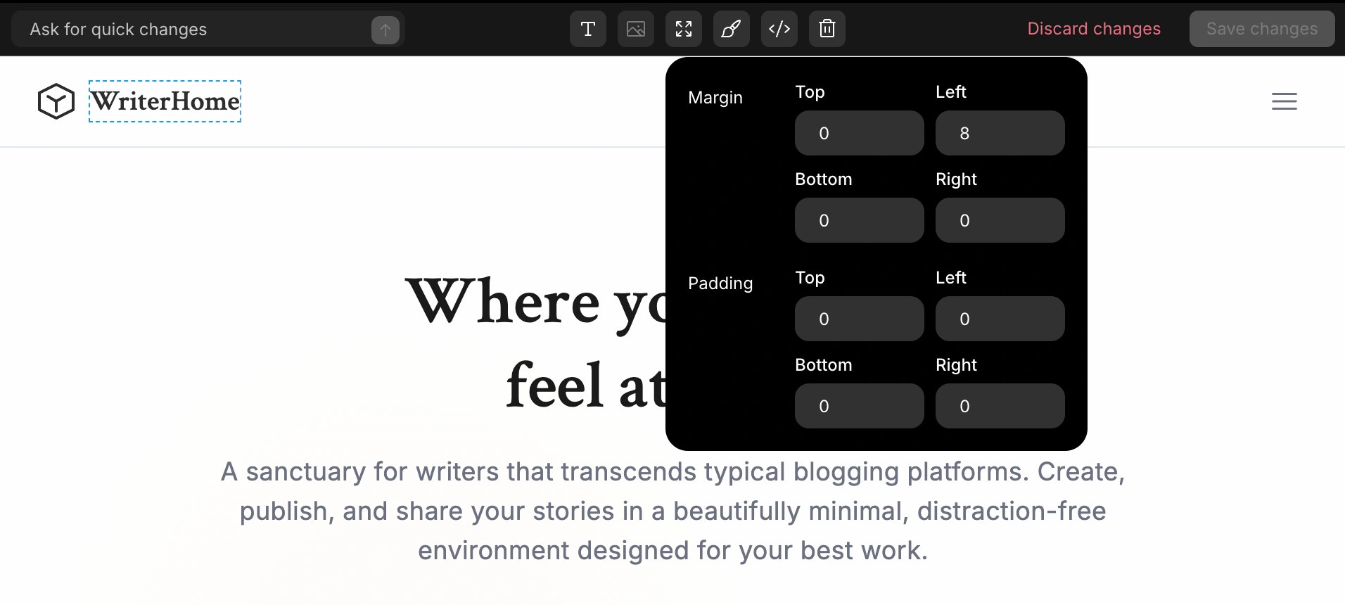 Adjusting padding and margin spacing for a selected element in web app.