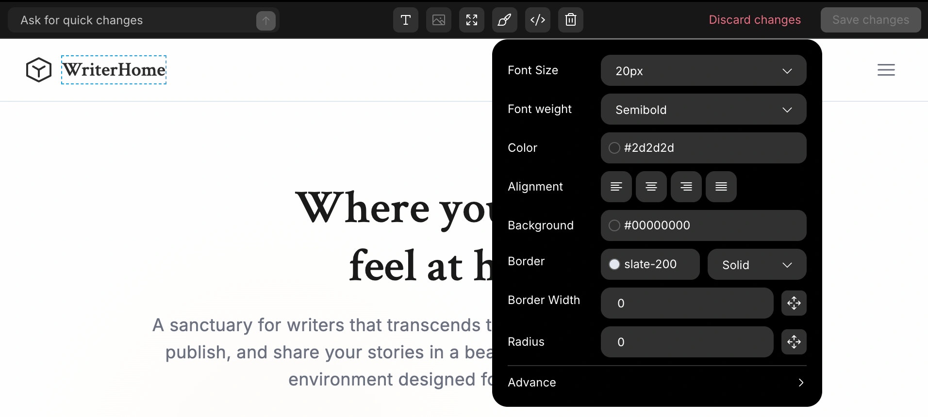 Editing styles like colors, fonts, and alignment for a selected element in web app.