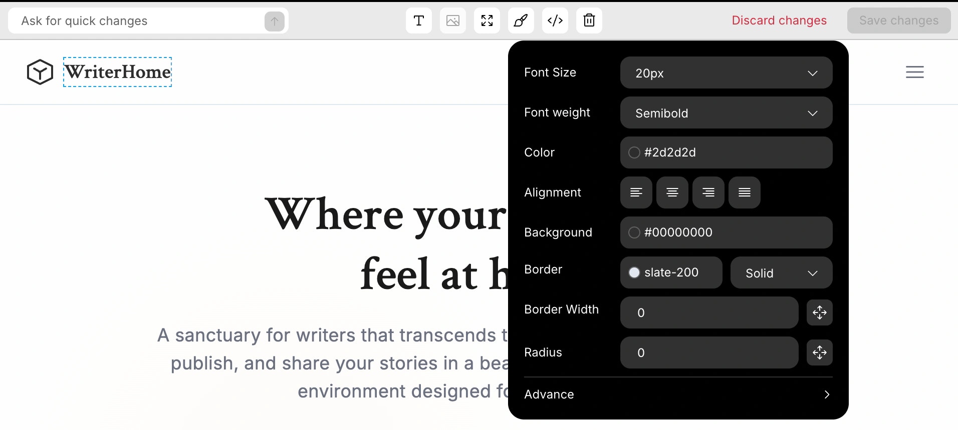 Editing styles like colors, fonts, and alignment for a selected element in web app.