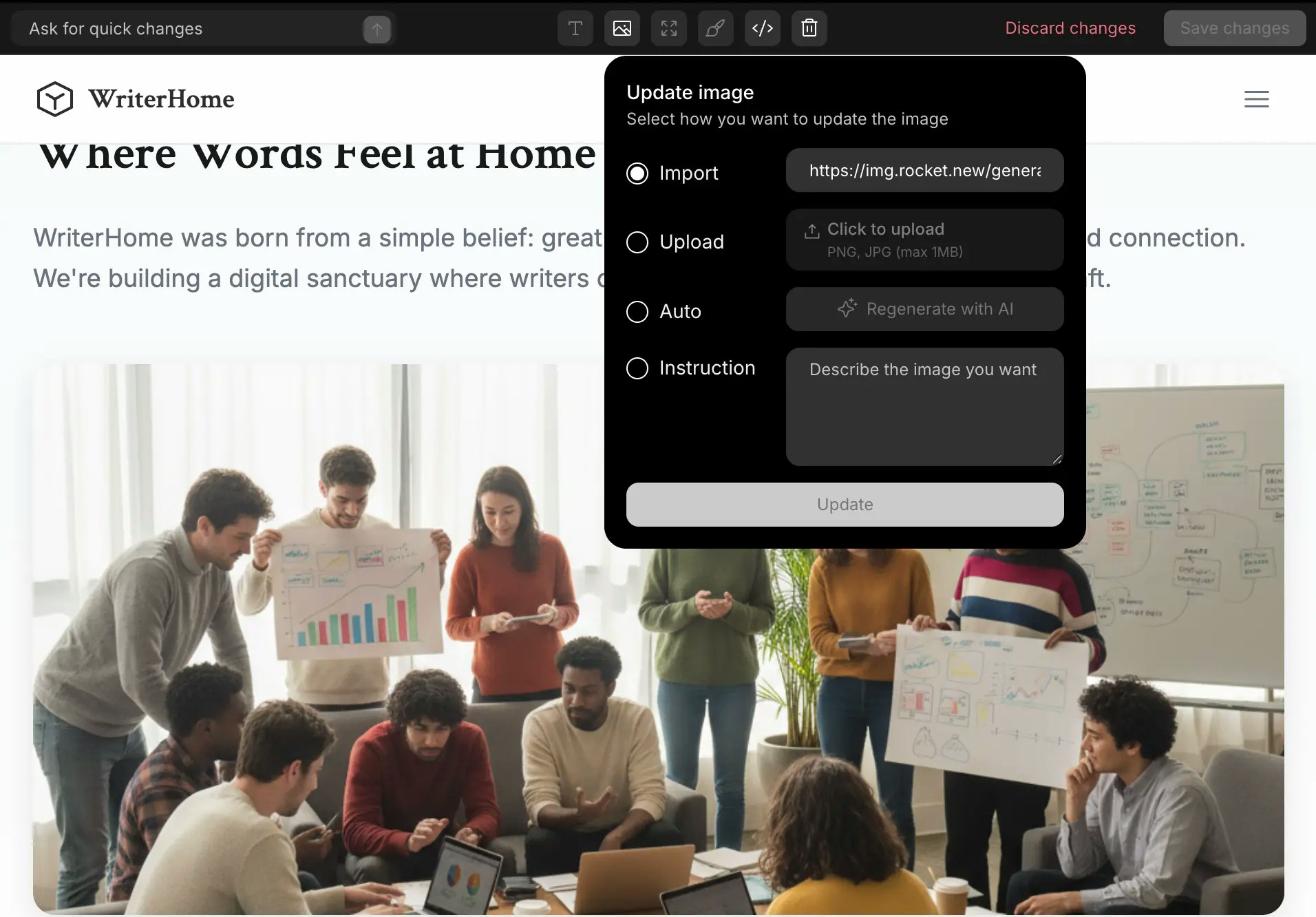 Replacing or modifying an image element in web app visual edit.