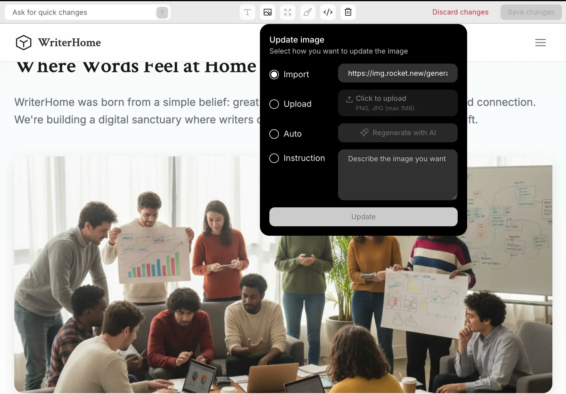 Replacing or modifying an image element in web app visual edit.