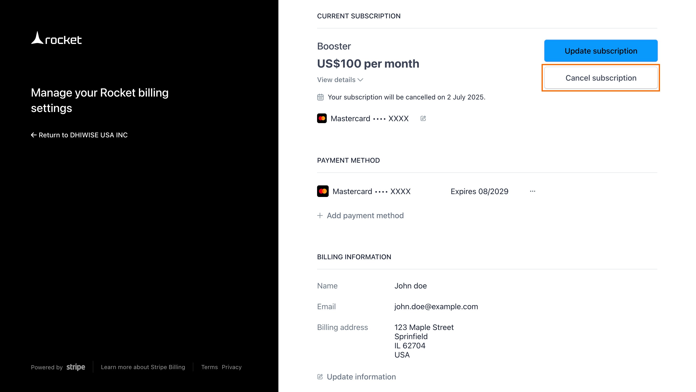 Cancel Subscription button in manage plan view.