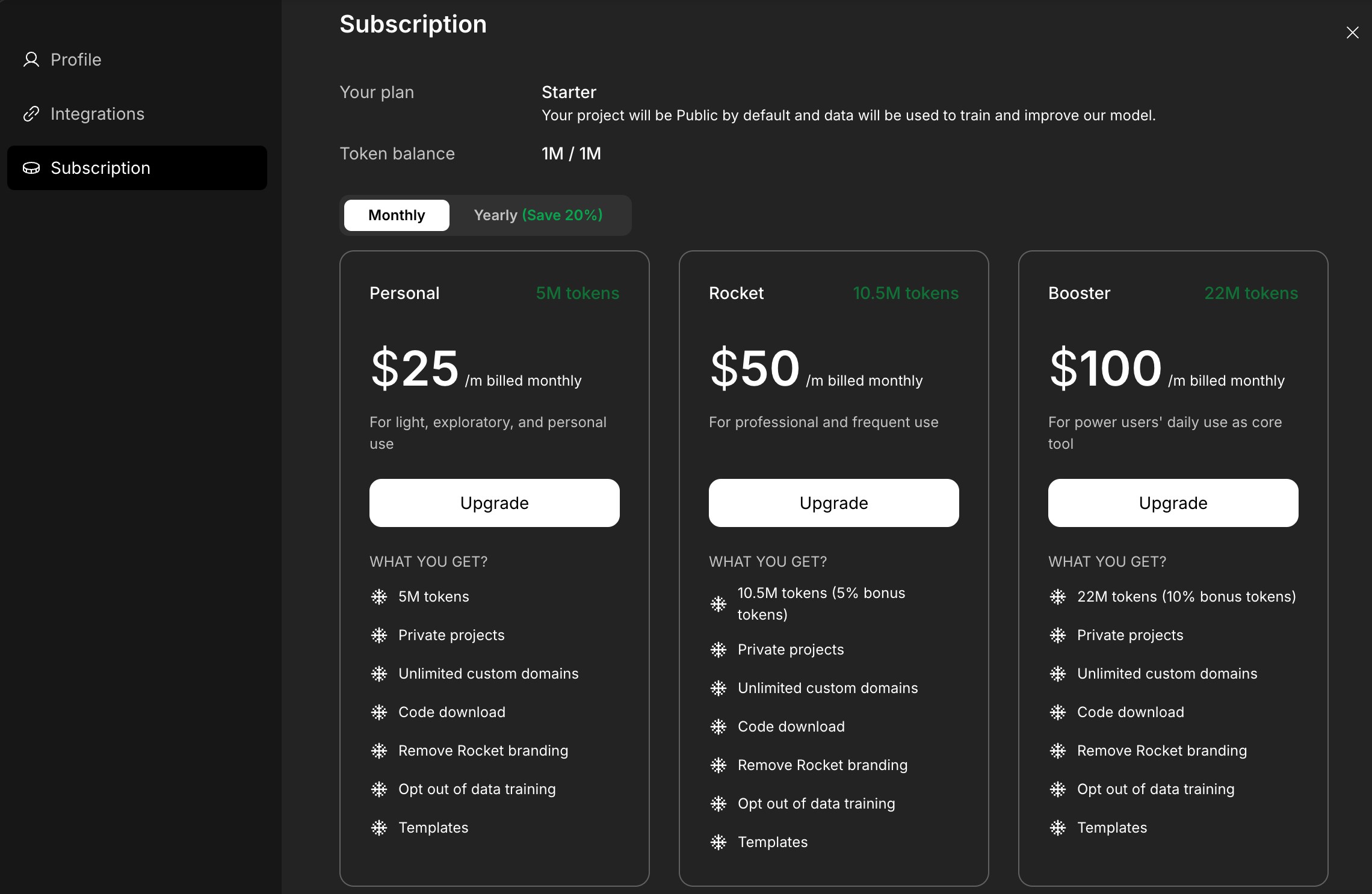 List of Rocket subscription plans with pricing and included tokens.