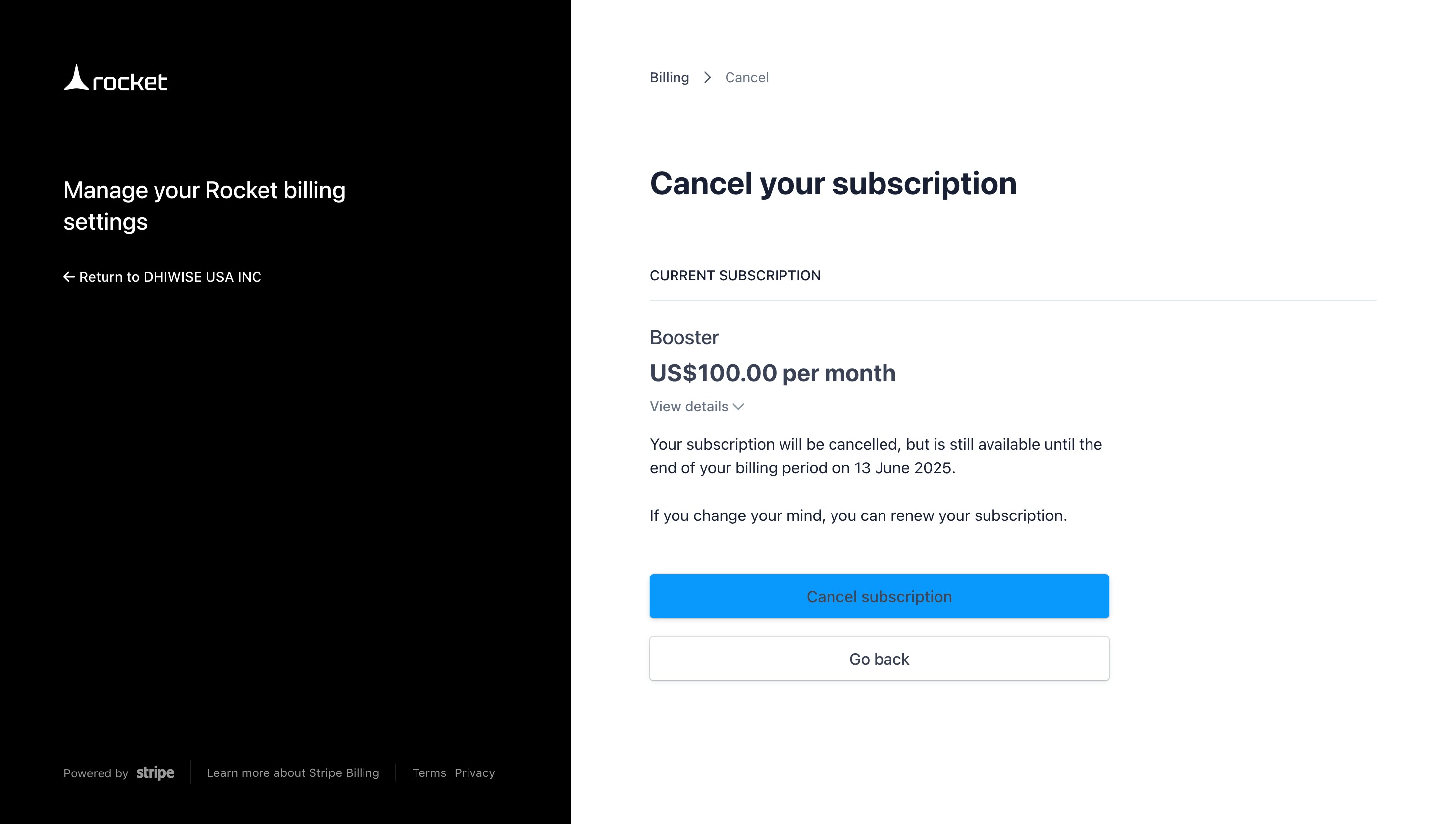 Confirmation screen for canceling Rocket subscription.