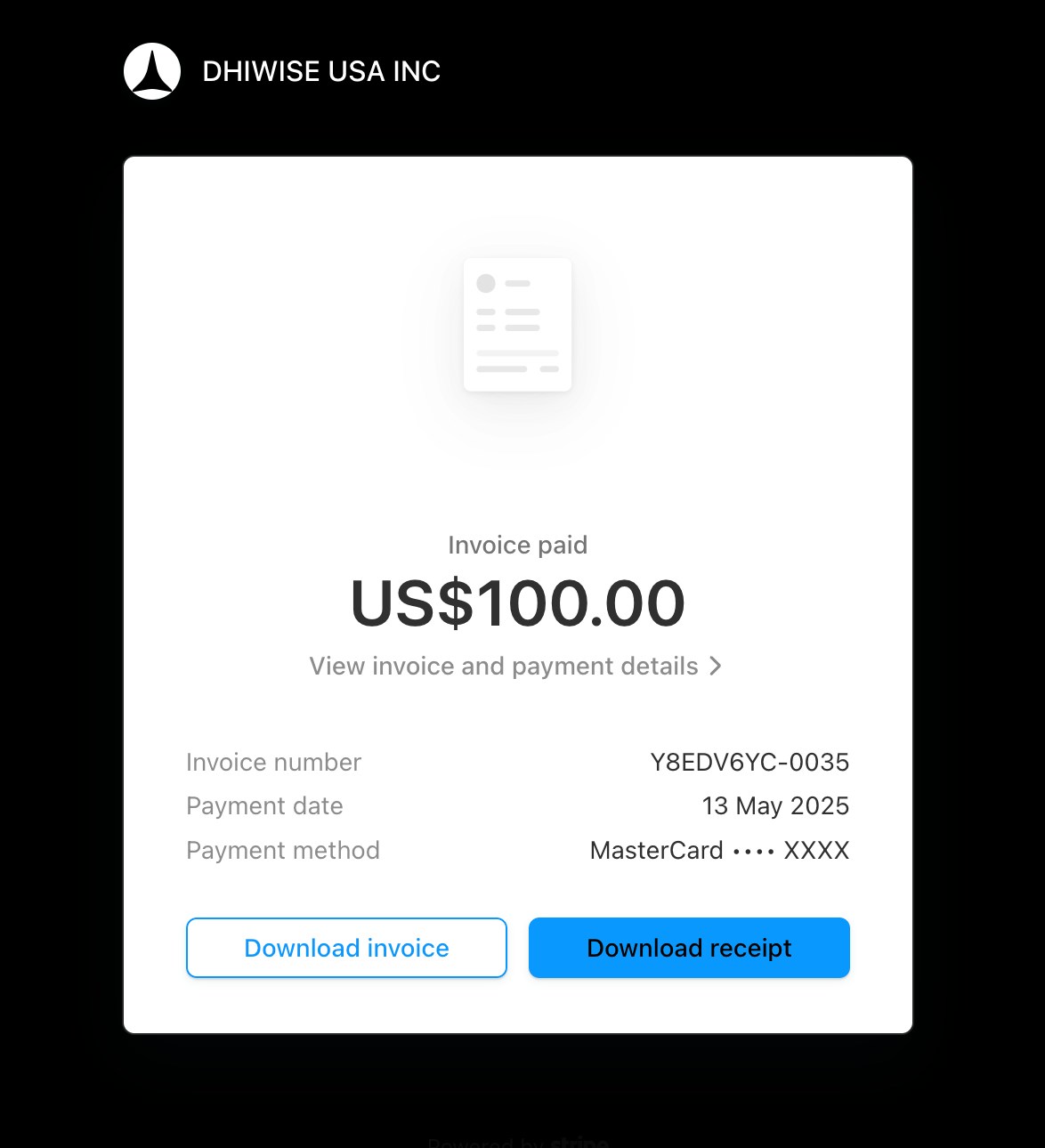 Invoice detail view with options to download invoice or receipt.