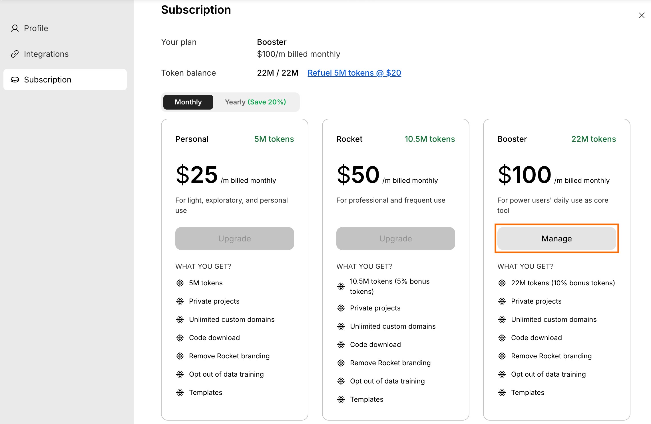 Manage button next to your current subscription plan.