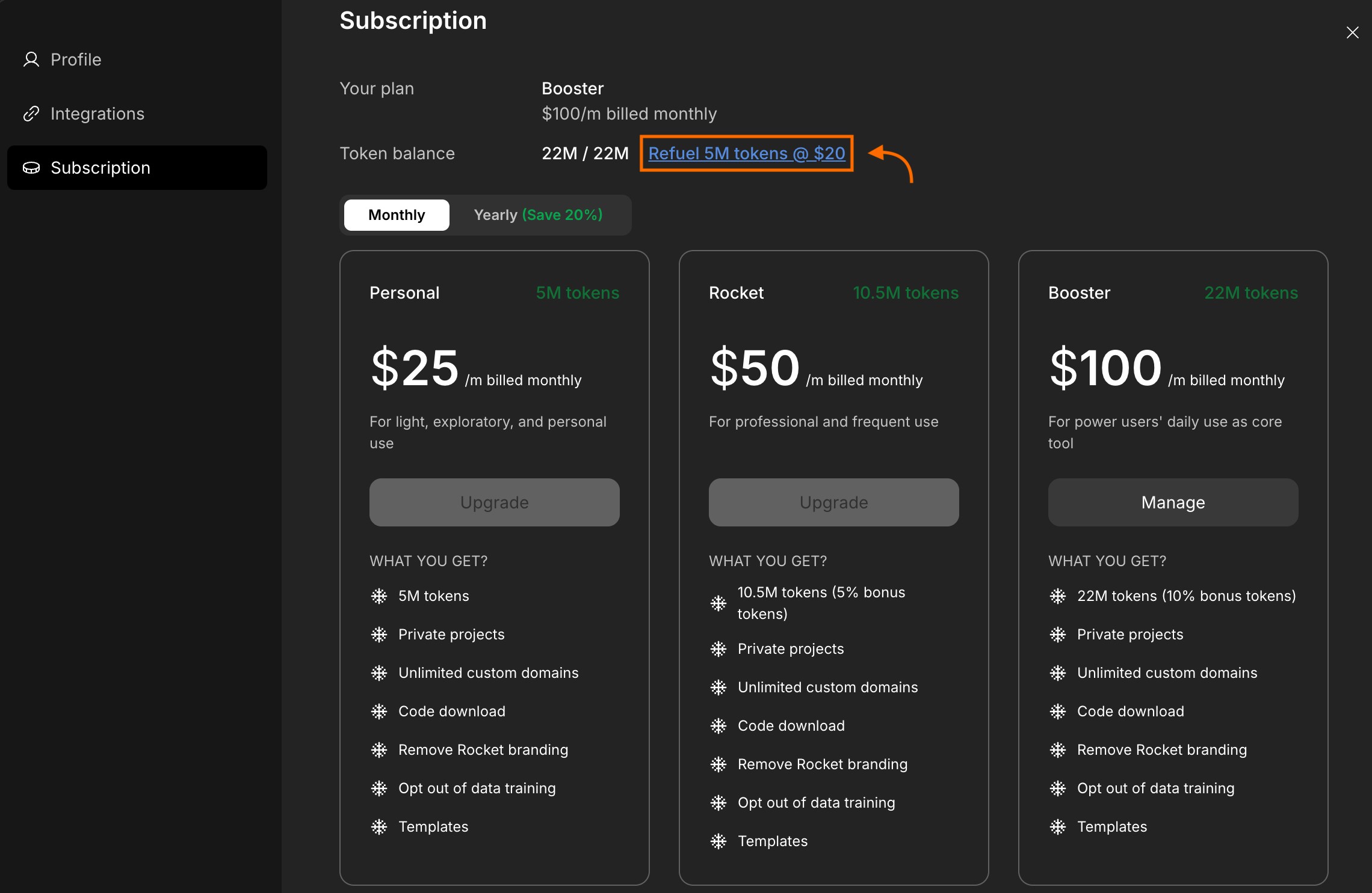 Refuel tokens link next to your current token balance.