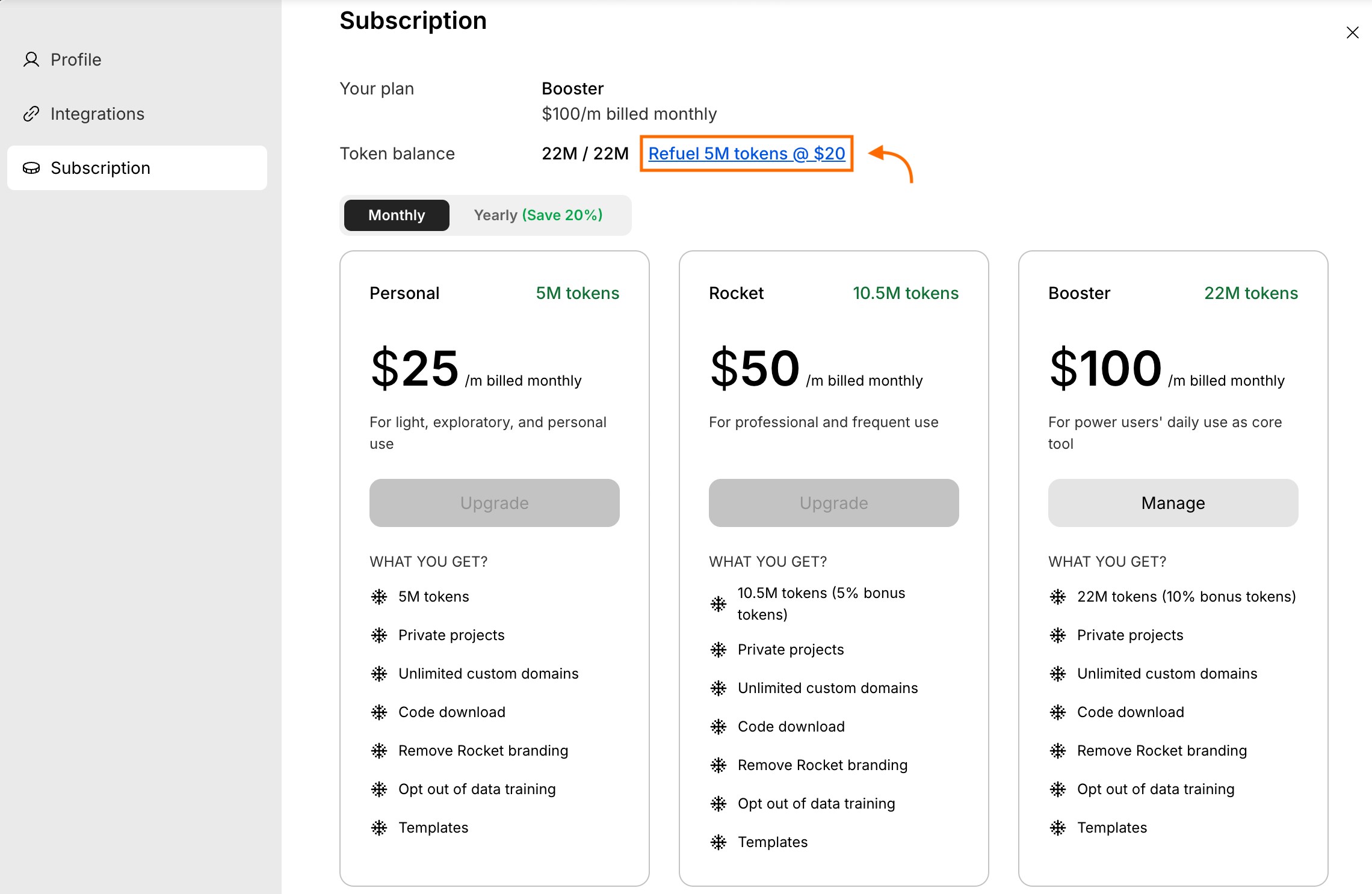 Refuel tokens link next to your current token balance.