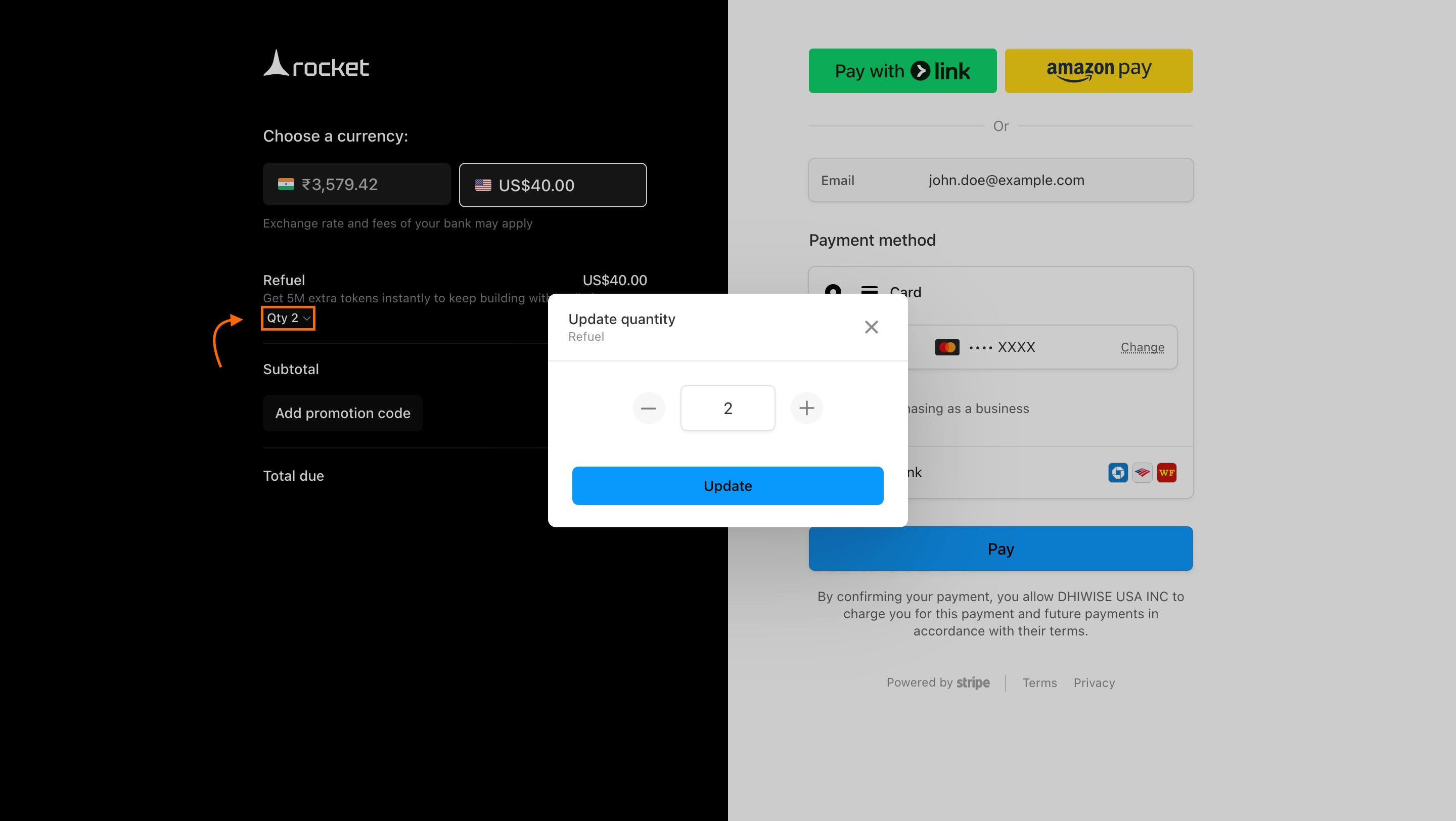 Checkout screen with quantity selection for refueling tokens.