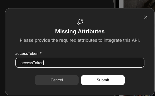 Modal showing missing attributes prompt for accessToken.