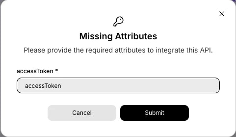 Modal showing missing attributes prompt for accessToken.