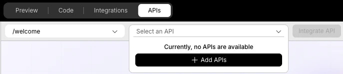 APIs section showing no APIs available with Add APIs button.