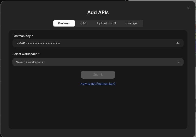 Postman import tab showing key input and workspace selection.