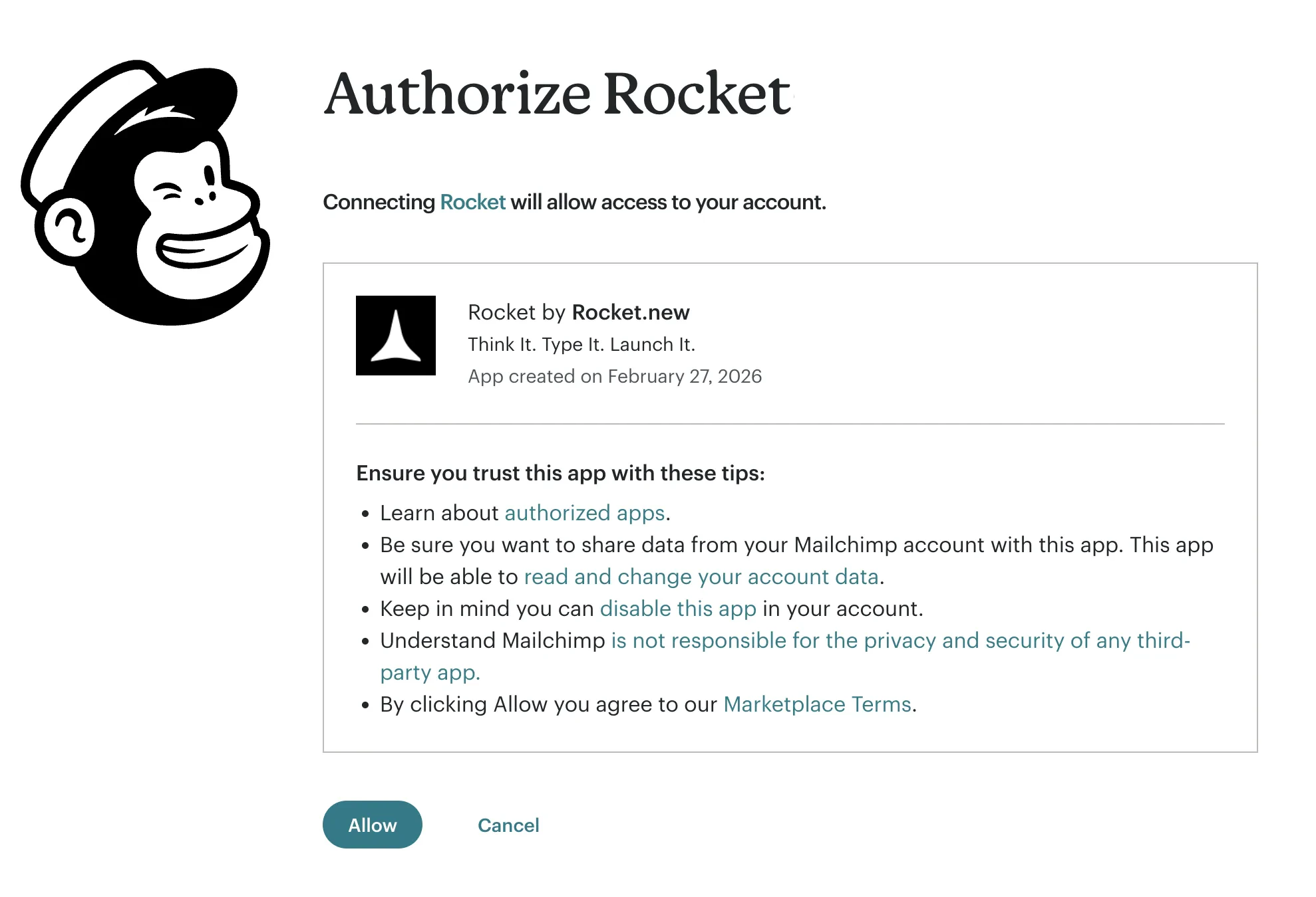 Mailchimp OAuth authorization page asking to allow Rocket access.