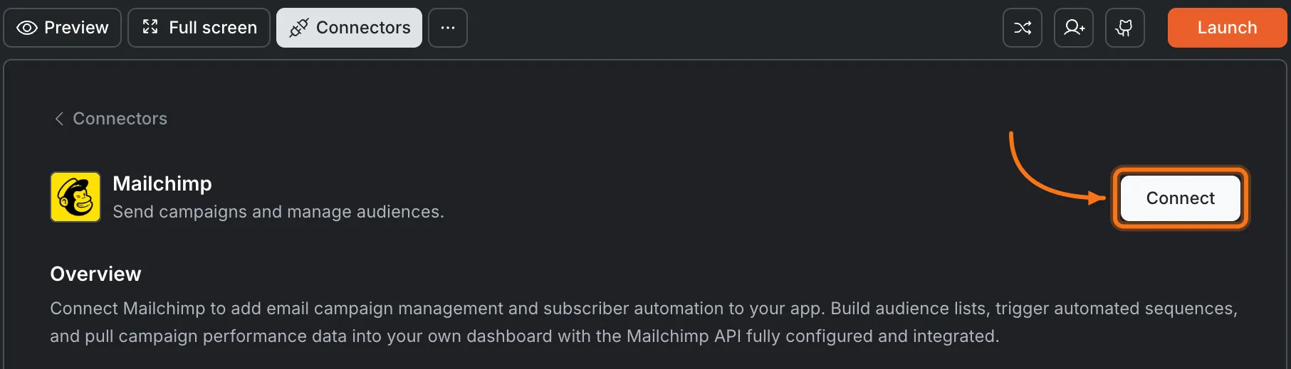 Connectors panel showing the Mailchimp card with a Connect button.