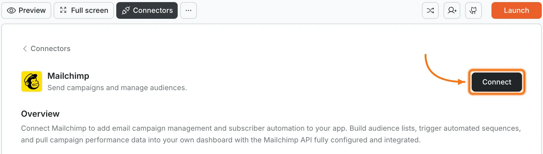 Connectors panel showing the Mailchimp card with a Connect button.