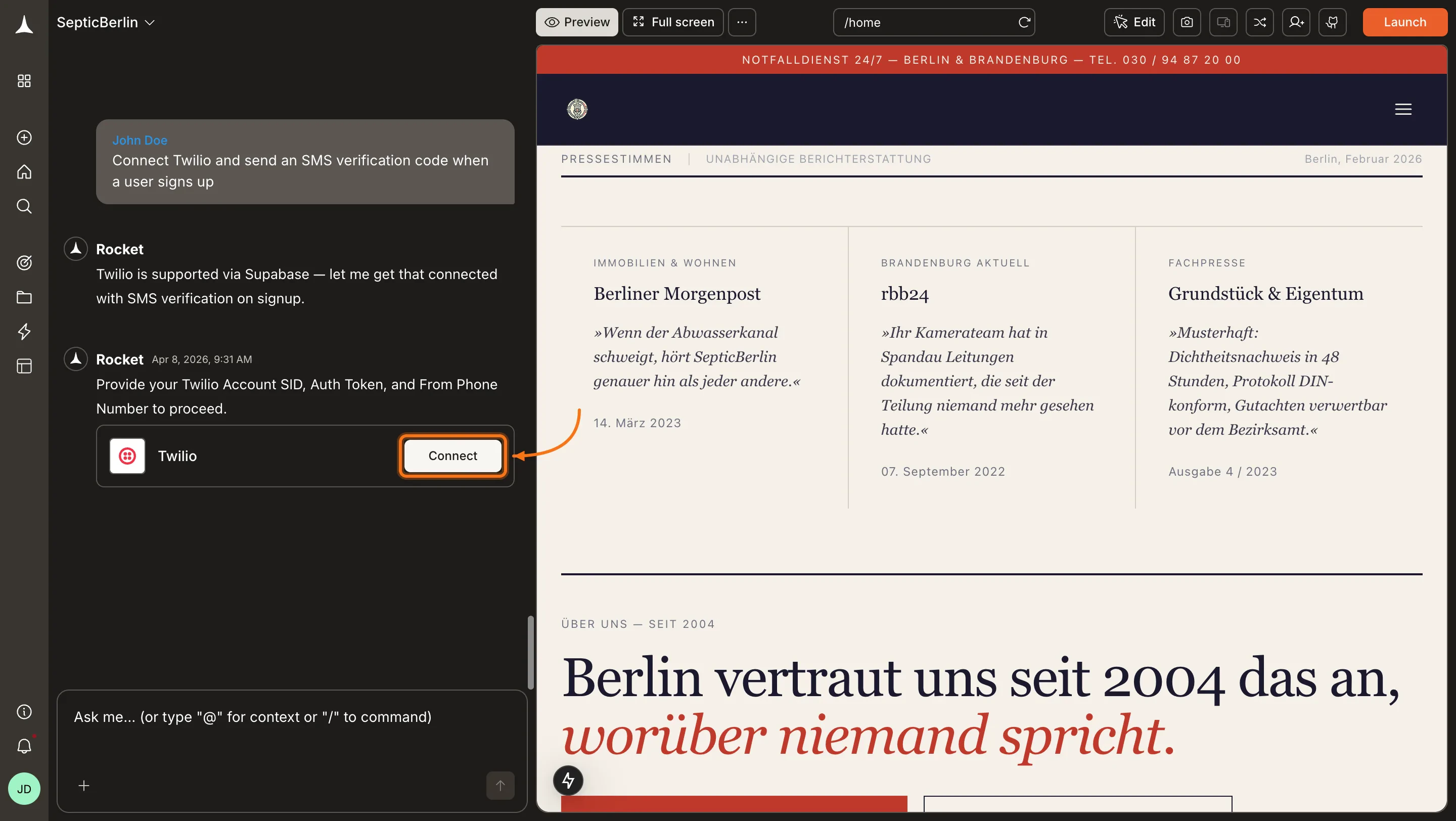 Twilio connection prompt in the Rocket chat panel.