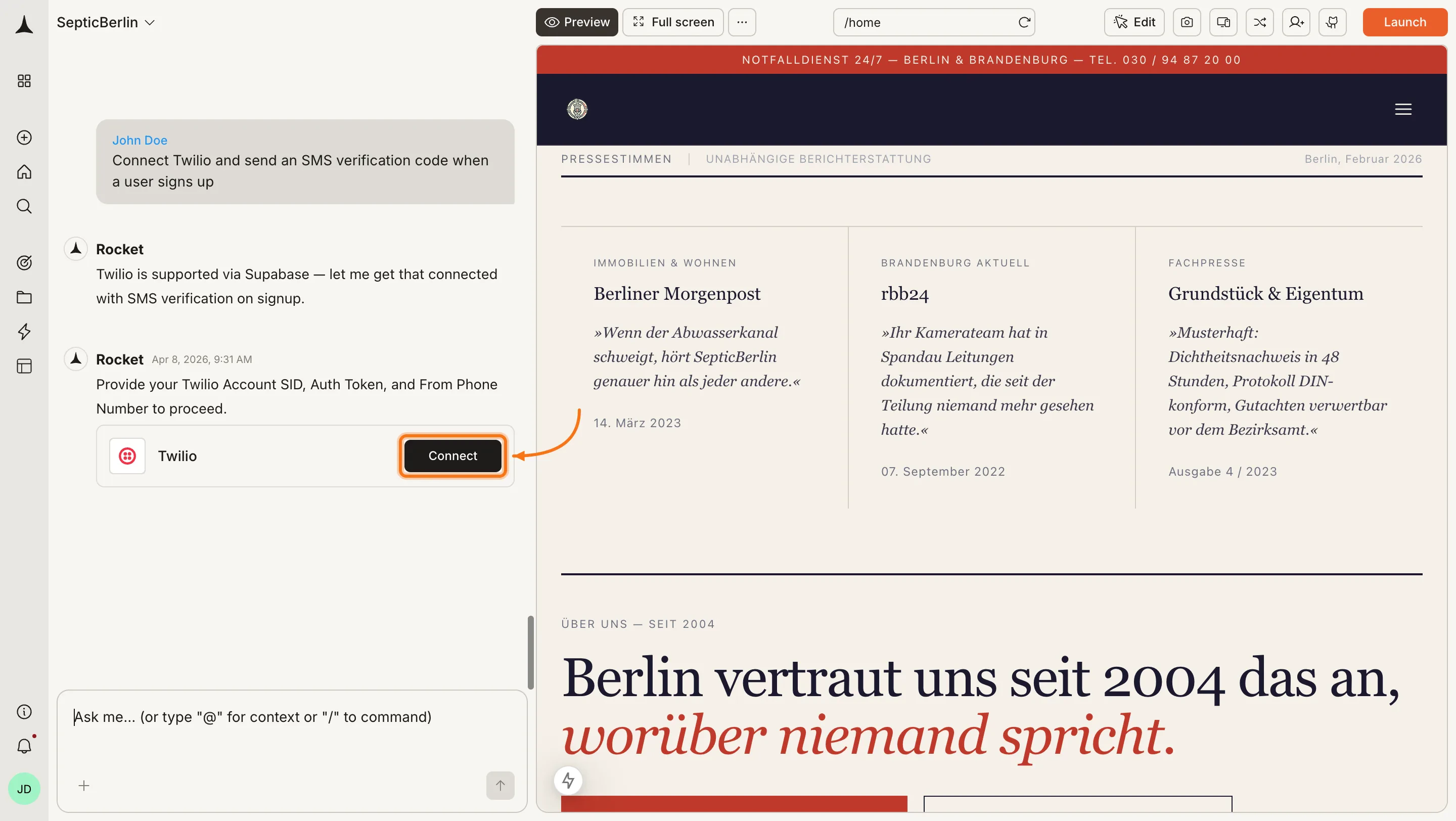 Twilio connection prompt in the Rocket chat panel.