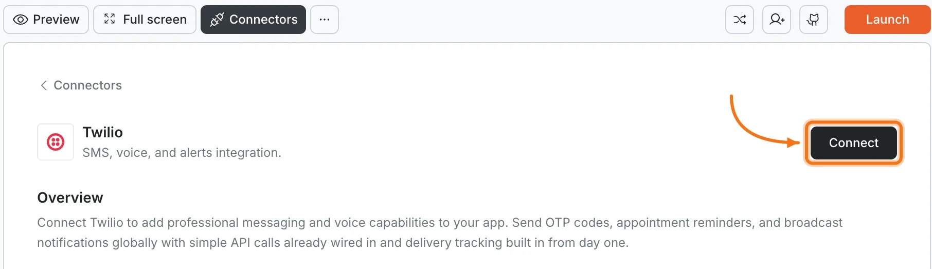 Connectors panel showing the Twilio card with a Connect button.