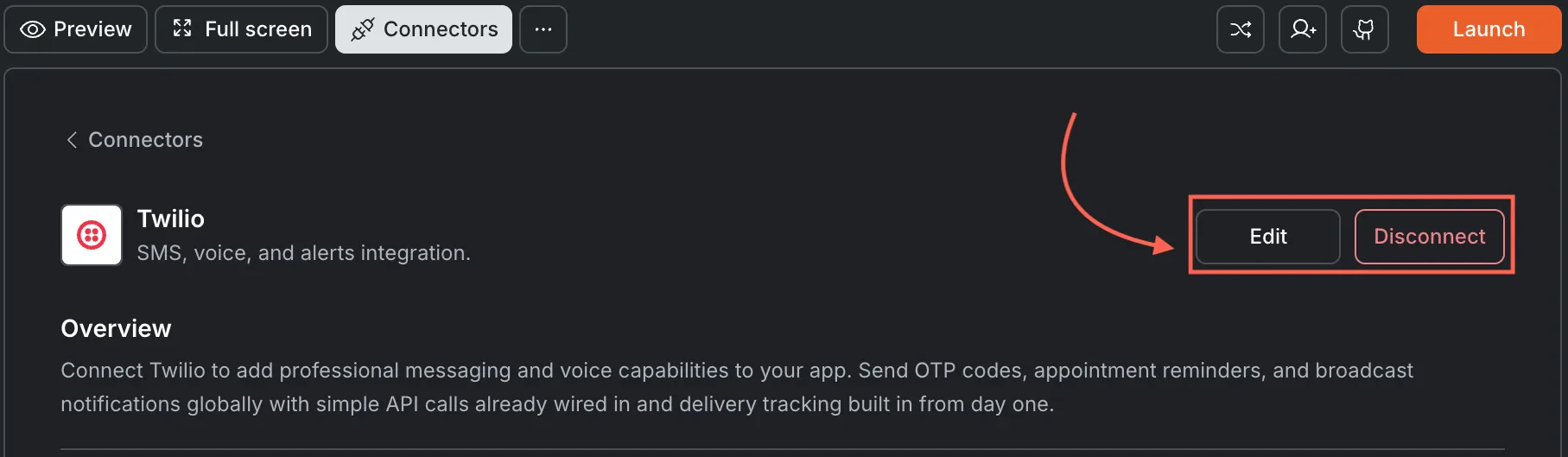 Twilio card showing Edit and Disconnect buttons.