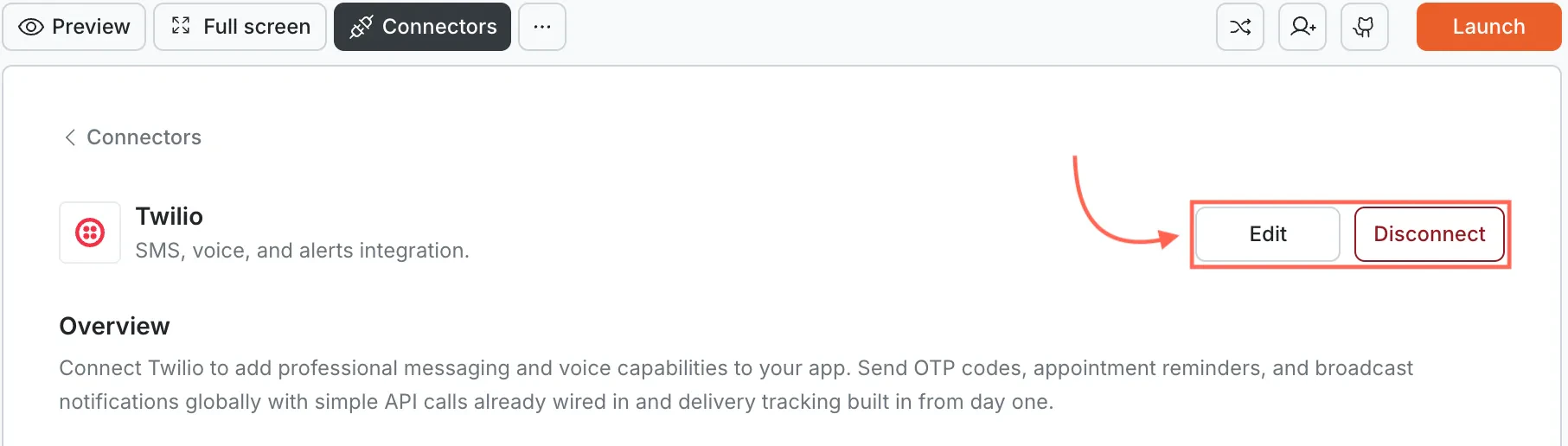 Twilio card showing Edit and Disconnect buttons.