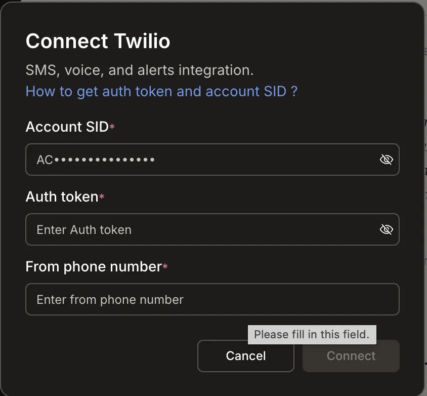 Connect Twilio popup with Account SID, Auth Token, and From phone number fields.