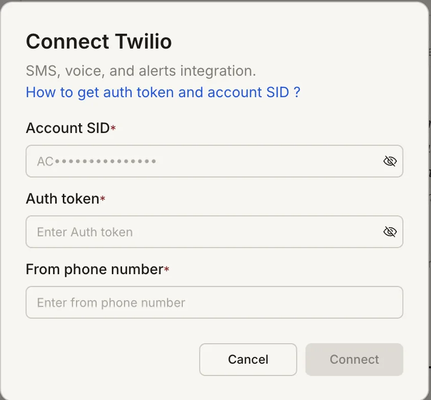 Connect Twilio popup with Account SID, Auth Token, and From phone number fields.