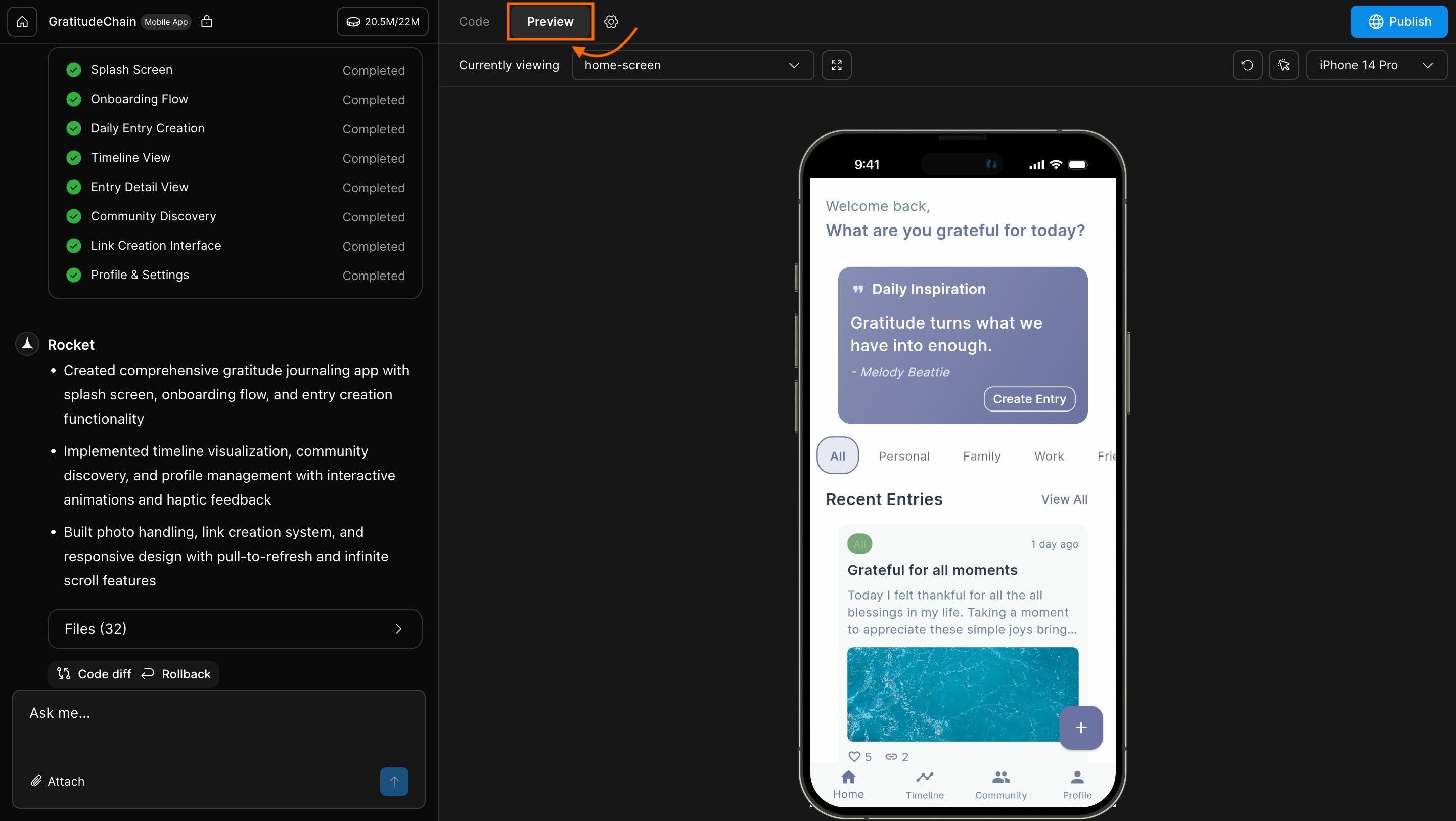 Preview panel interface in Rocket