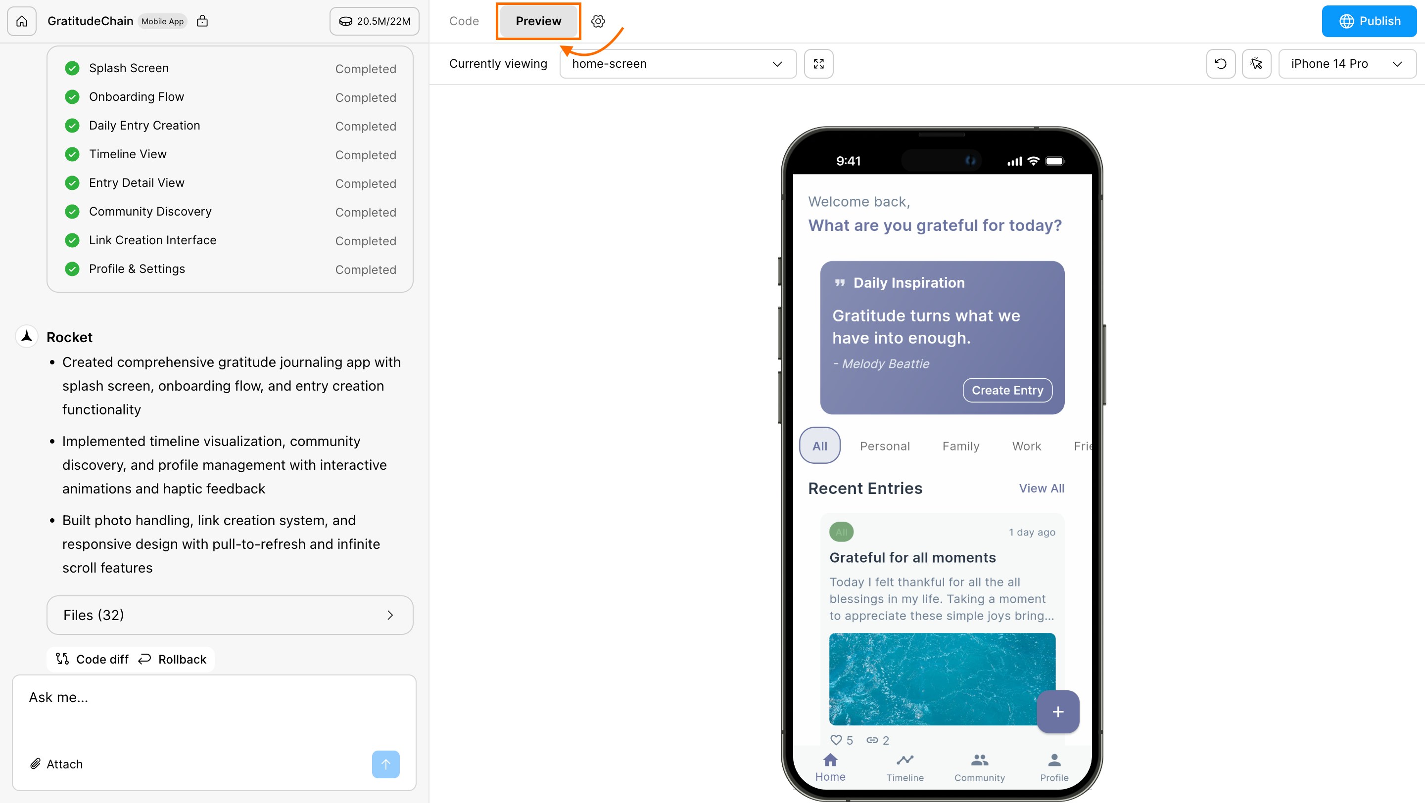 Preview panel interface in Rocket