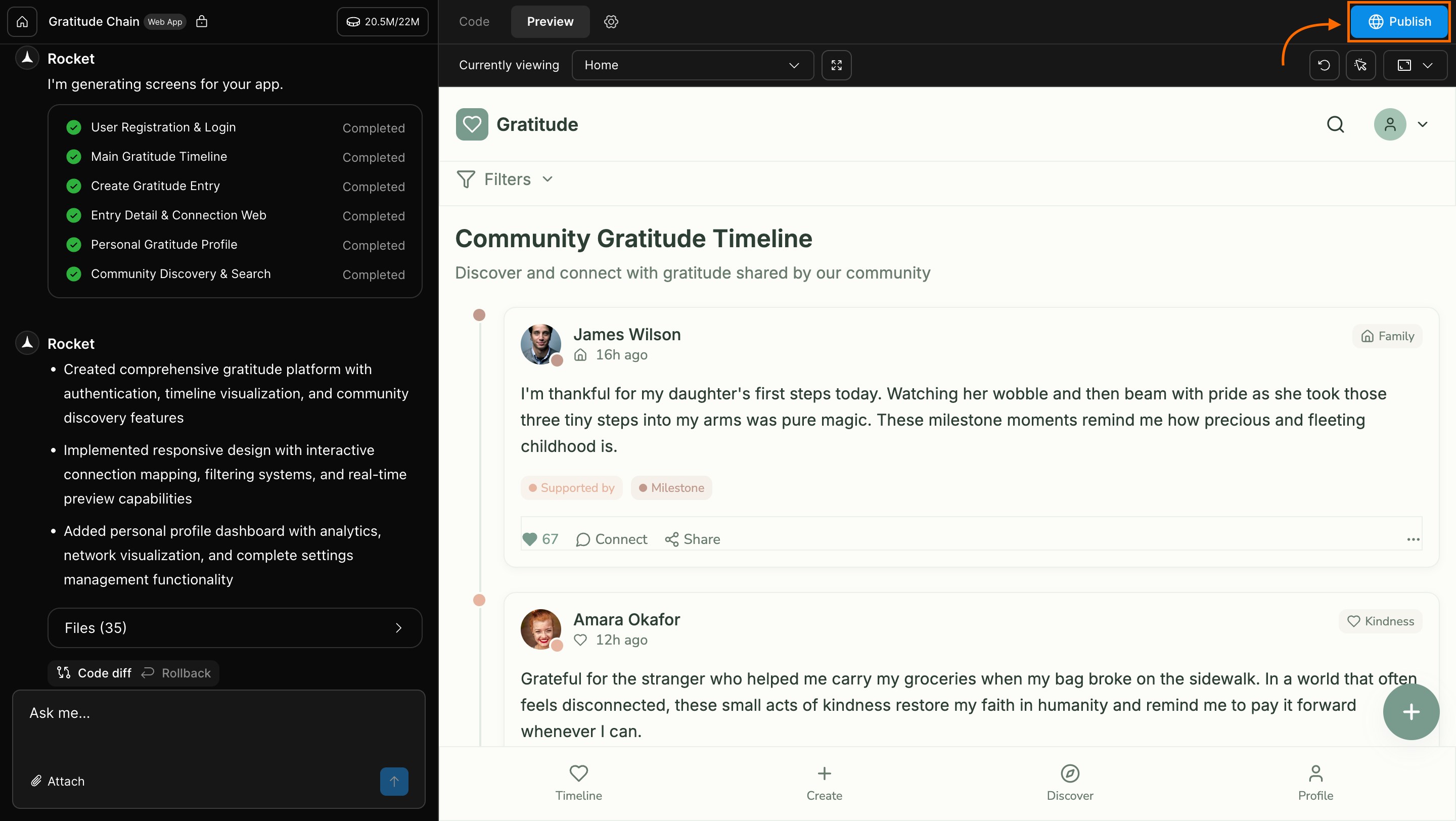 Publish button on project screen