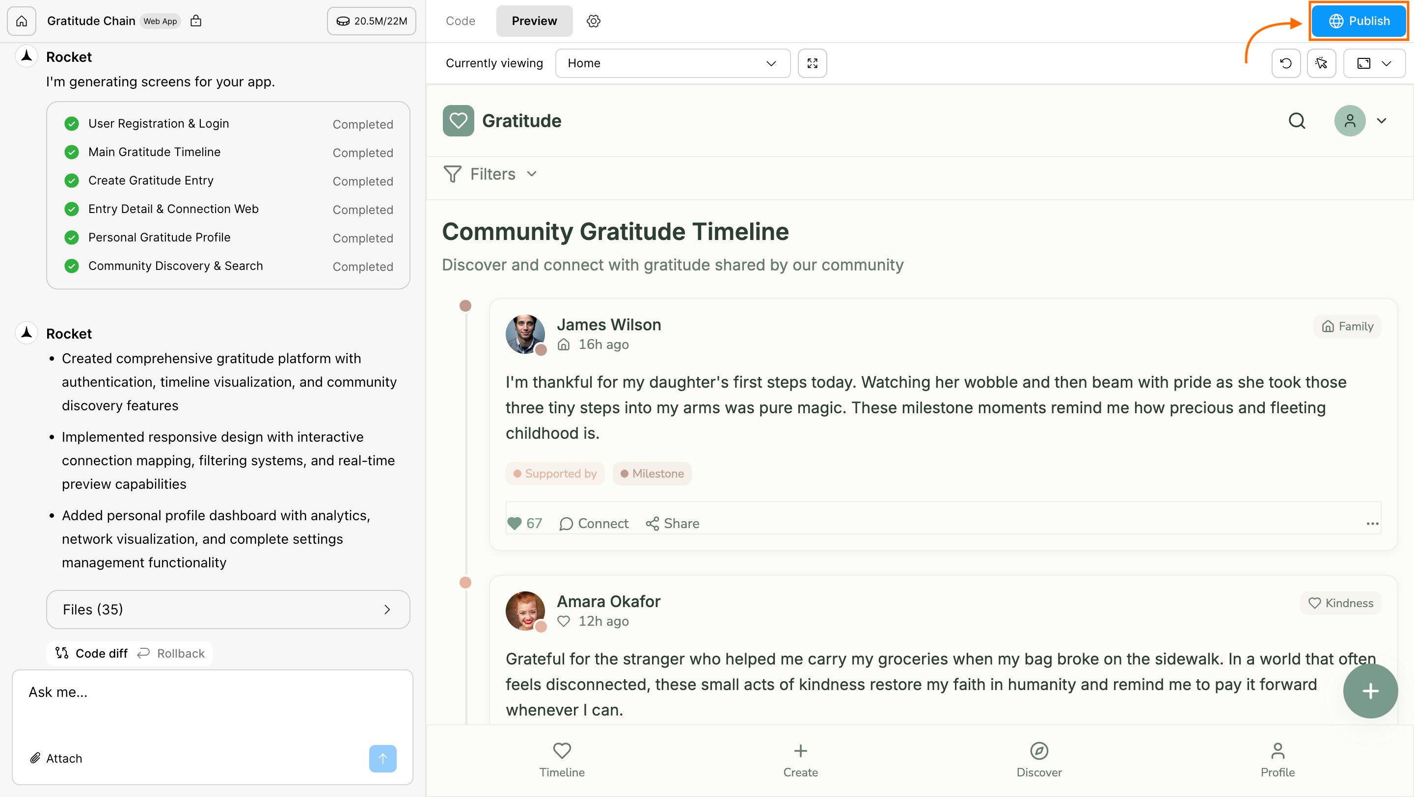 Publish button on project screen