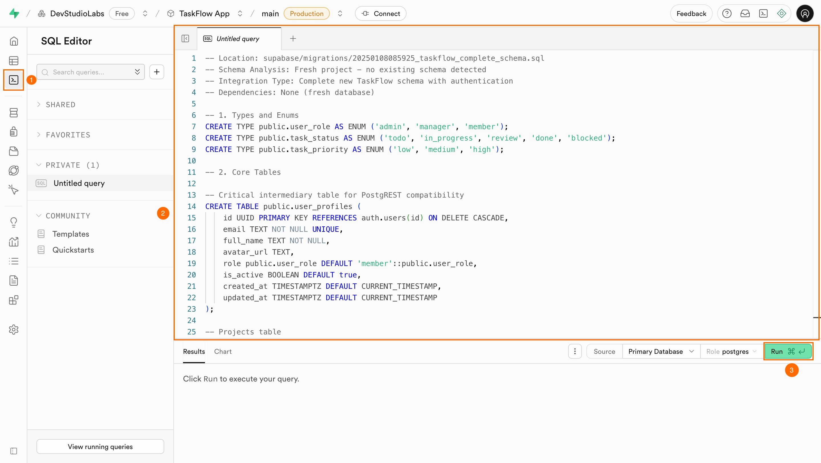 Supabase SQL editor showing a pasted migration script ready to run.