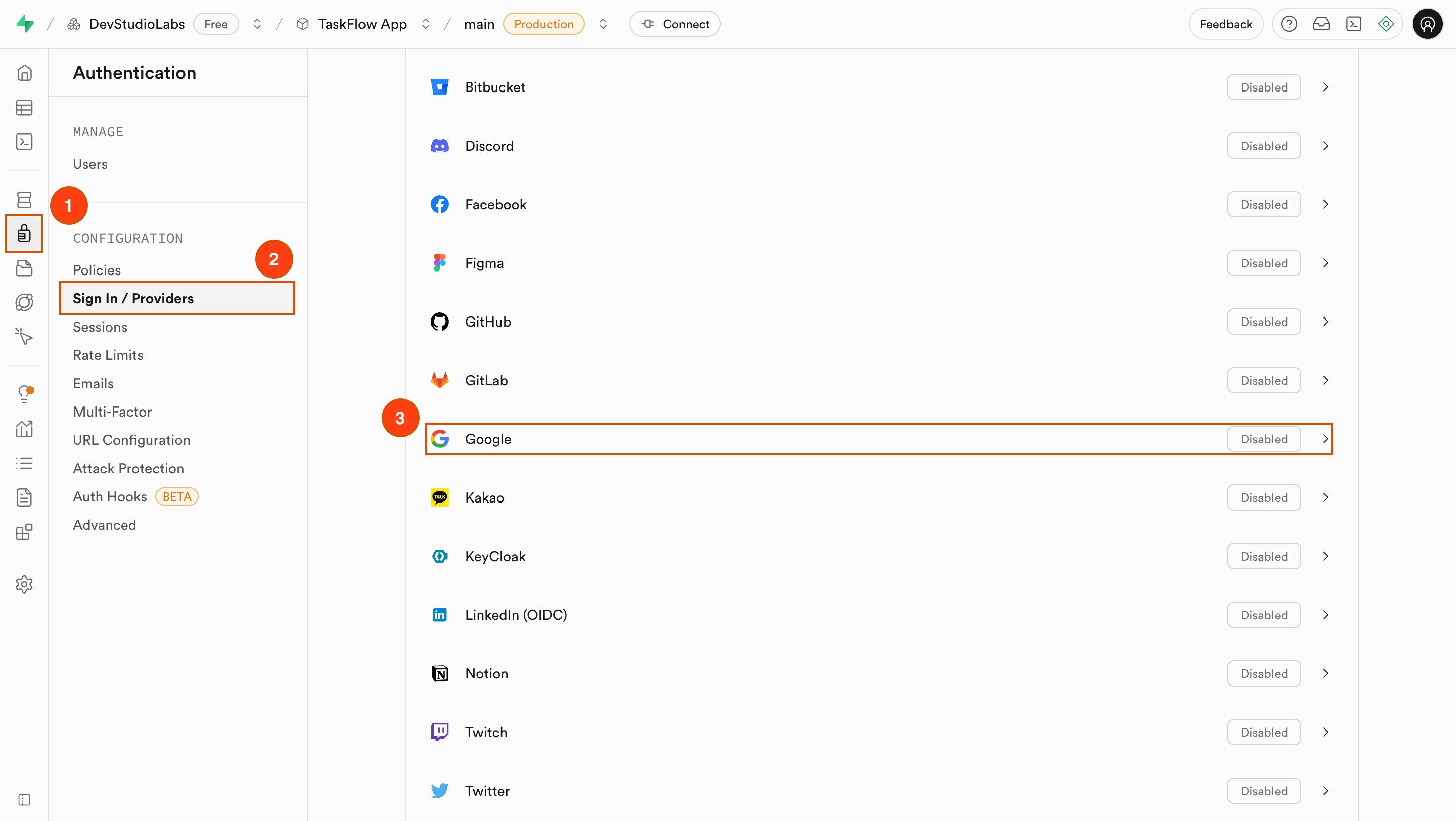 List of authentication providers inside Supabase settings.
