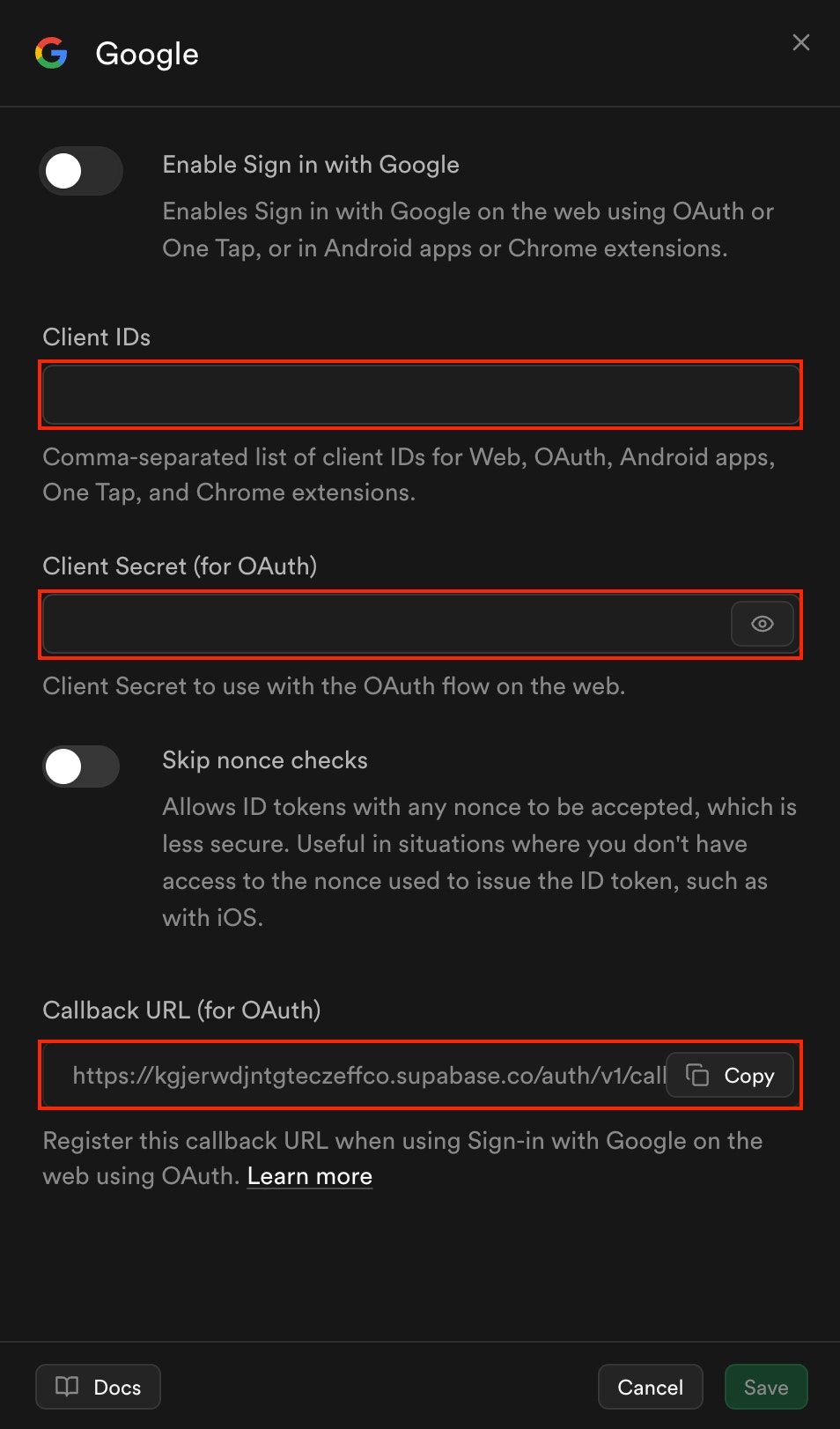 Supabase Google provider settings including fields for Client ID, Client Secret, and Redirect URL.
