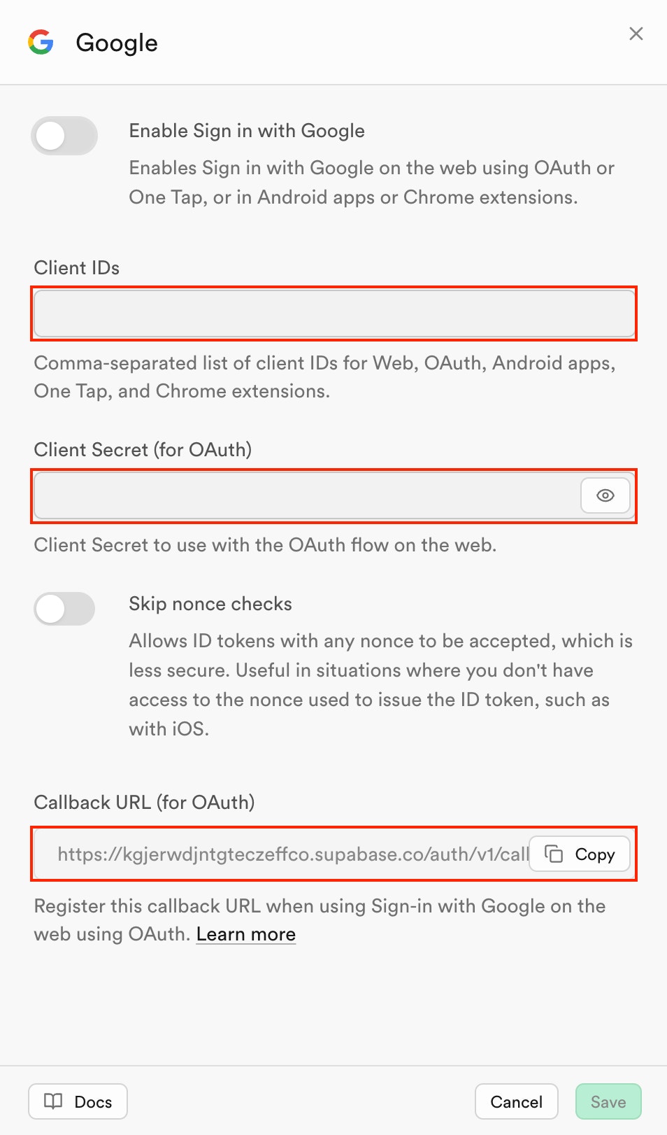Supabase Google provider settings including fields for Client ID, Client Secret, and Redirect URL.