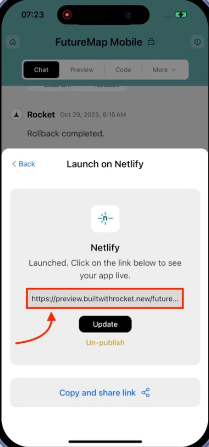 Published app confirmation showing live link and controls to update or unpublish.